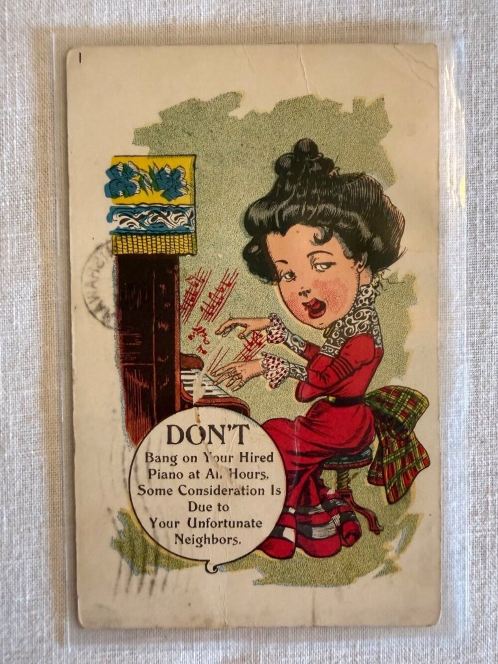Antique 1913 Postcard Humor Cartoon Lady Playing Piano Mishawaka Stamped Address